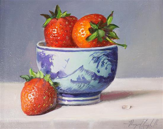 Raymond Campbell, oil on board, Oriental blue and white bowl with strawberries, signed, 12 x 14cm